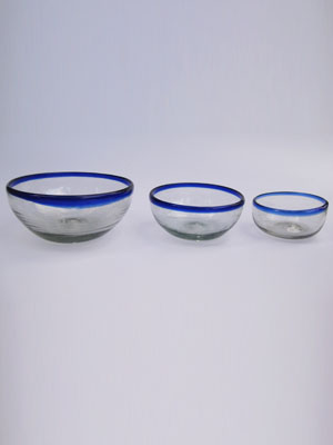 Wholesale MEXICAN GLASSWARE / Cobalt Blue Rim Three Sizes Snack Bowls (set of 3) / Large, medium & small cobalt blue rim snack bowls. Great for serving peanuts, chips or pretzels in stylish fashion. 